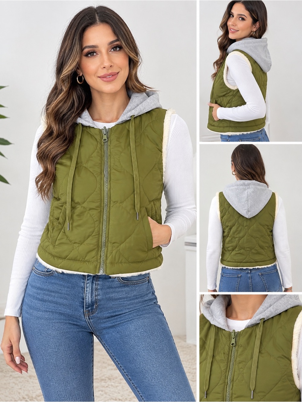 Forever 21 Olive Quilted Hooded Vest with Gray Hood
